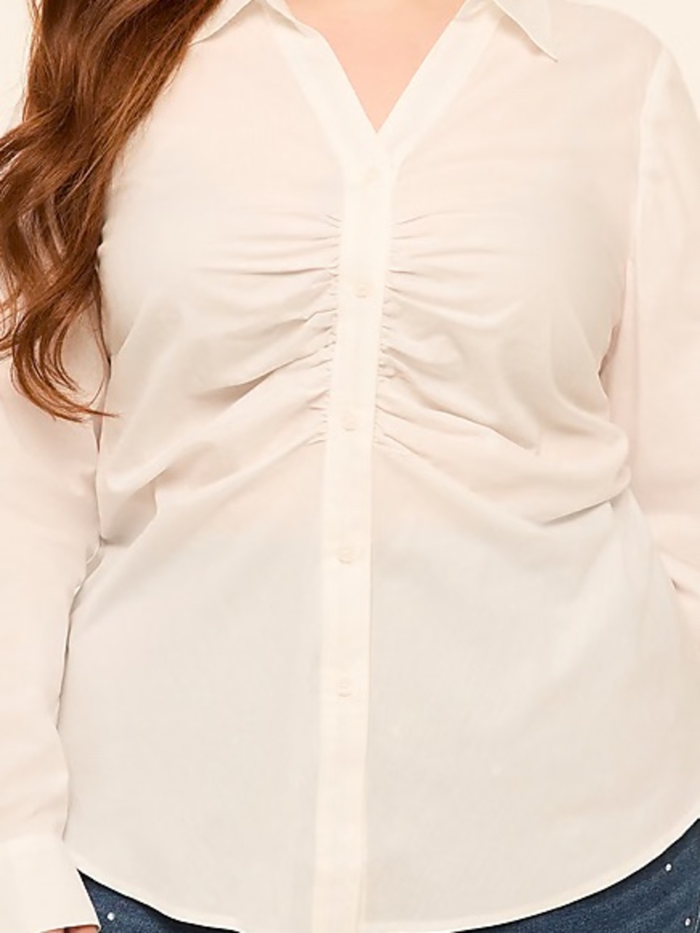Lane Bryant White Center-Ruch Detail Button-Down Shirt